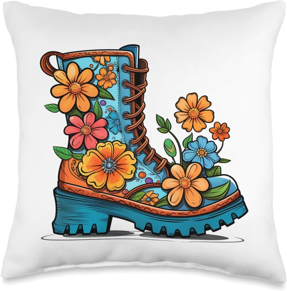 Bohemian Flower Boot Hippie Chic Throw Pillow
