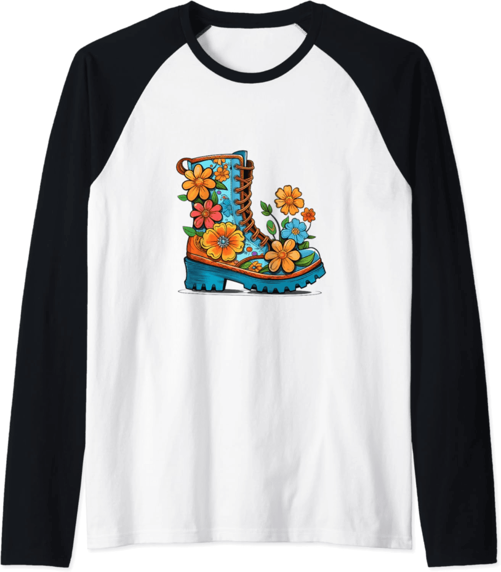 Bohemian Flower Boot Hippie Chic Raglan T-Shirt